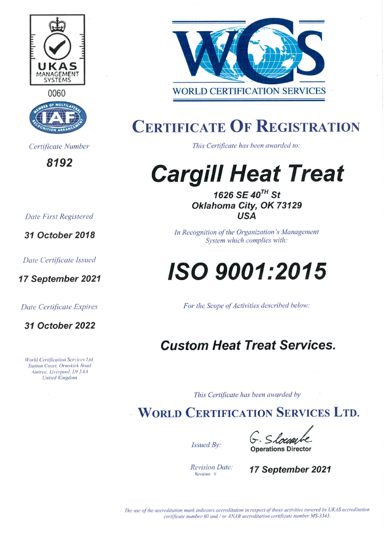 Carghill Heat Treat ISO 9001 certification